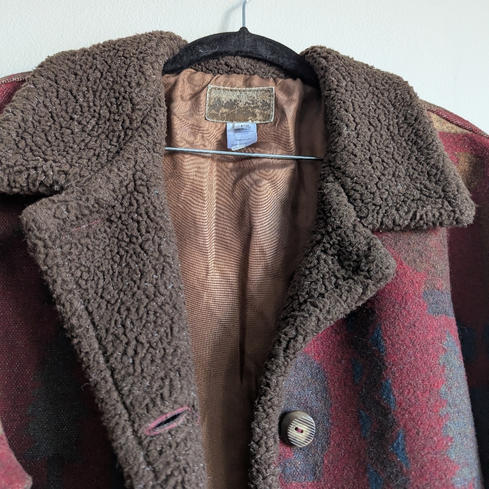 Pendleton Originals Wool Sherpa Trim Blanket Coat Bear Moose Print Burgundy L - Picture 12 of 14